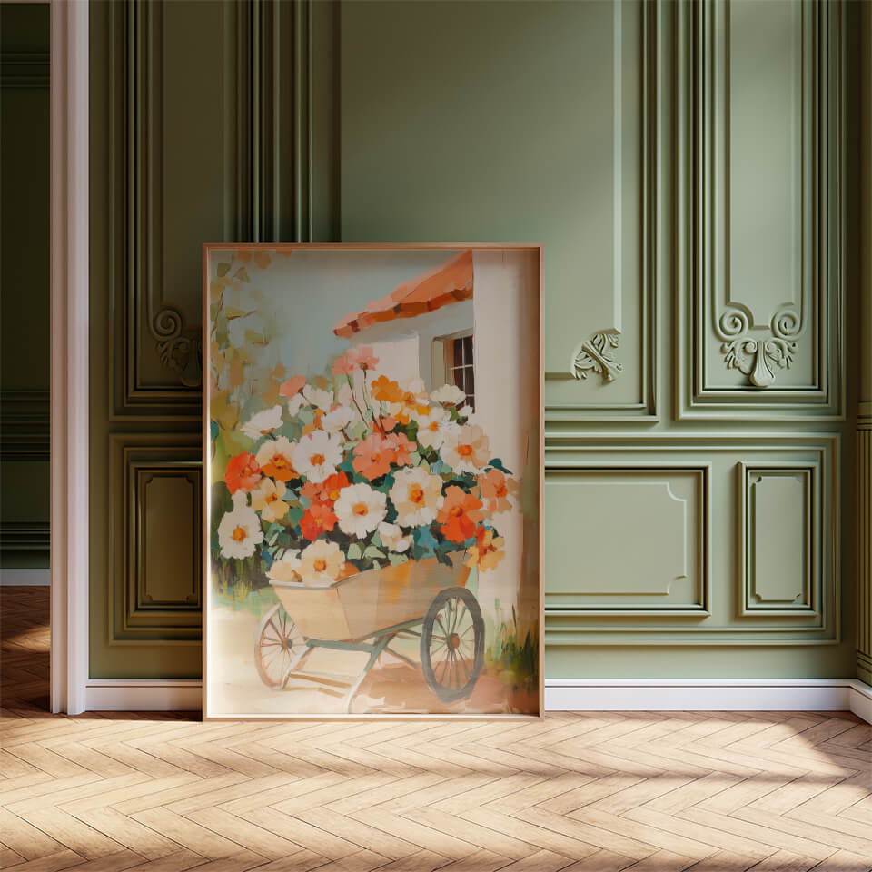 Flowers in a Wheelbarrow Oil Painting Art Print