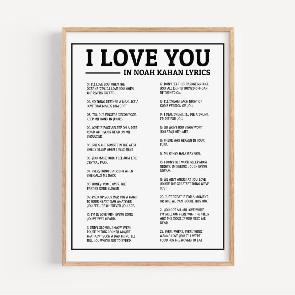 "I Love You" in Noah Kahan Lyrics Art Print