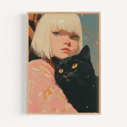 A Girl and Her Black Cat Oil Painting Art Print