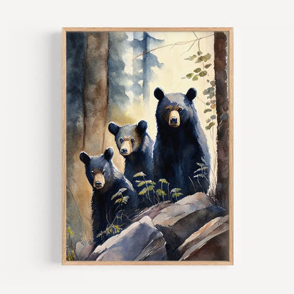 Black Bear Family Watercolor Art Print