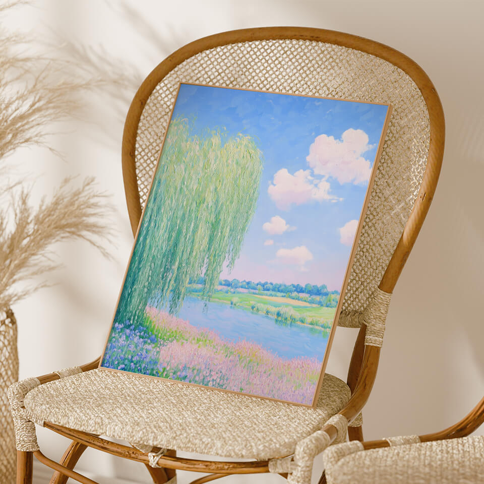 Willow Tree And Flowers By The Dreamy Stream Oil Painting Art Print