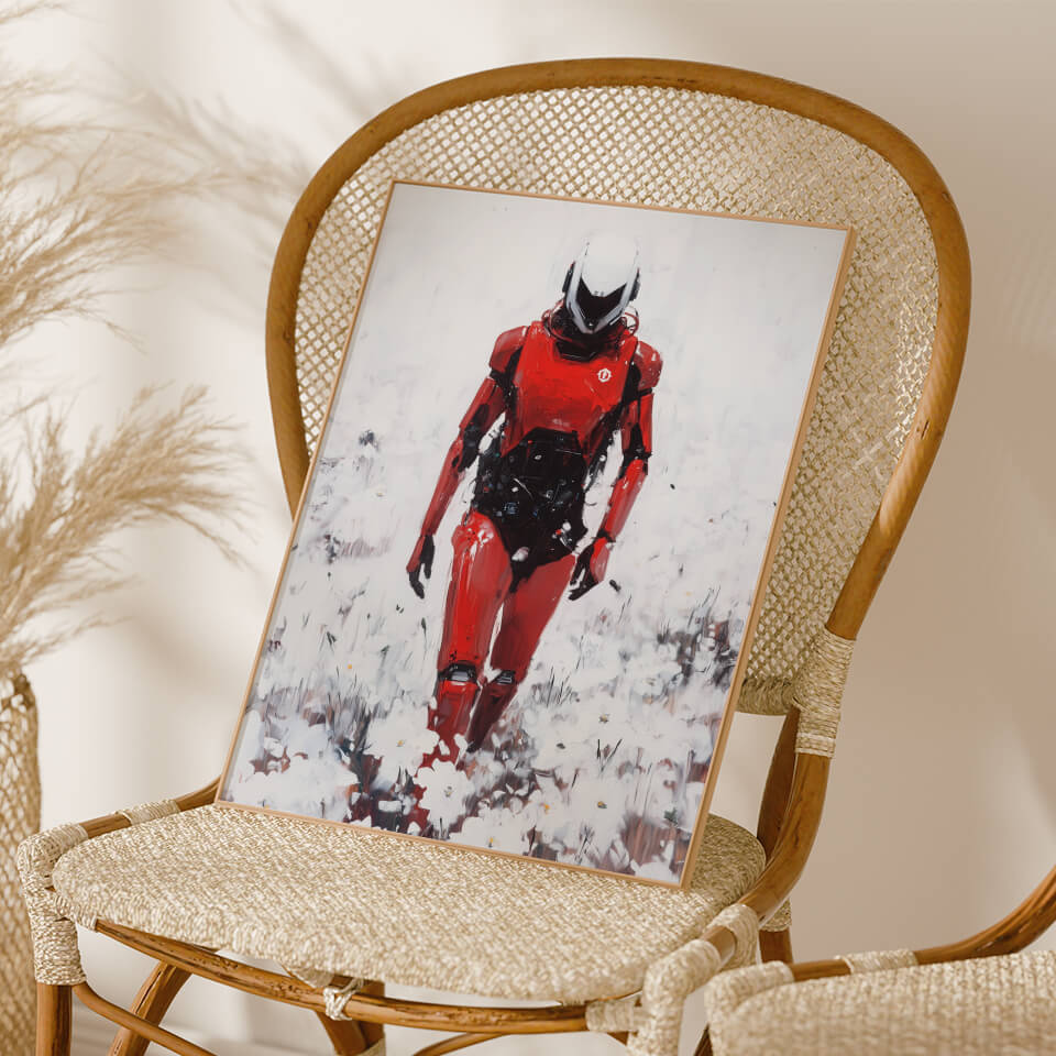 Red Robot in a Field of White Flowers Oil Painting Art Print