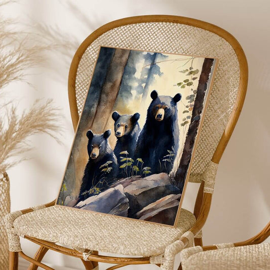 Black Bear Family Watercolor Art Print