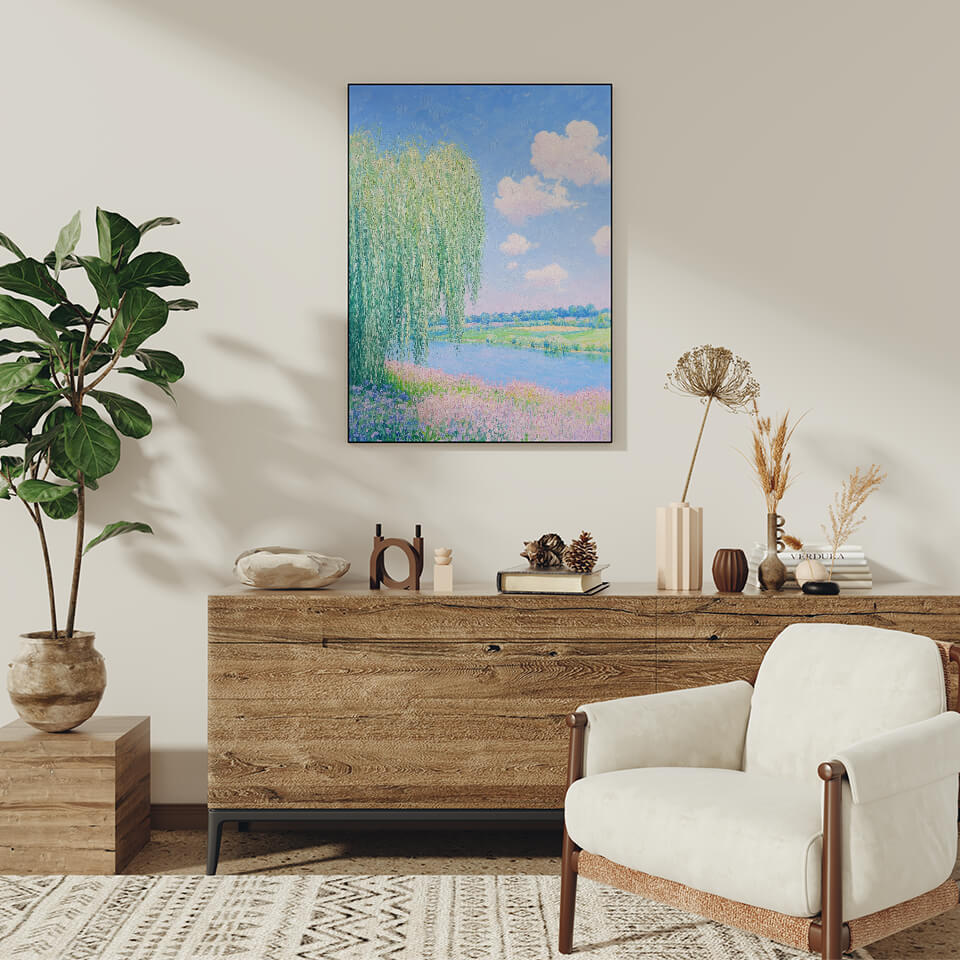 Willow Tree And Flowers By The Dreamy Stream Oil Painting Art Print