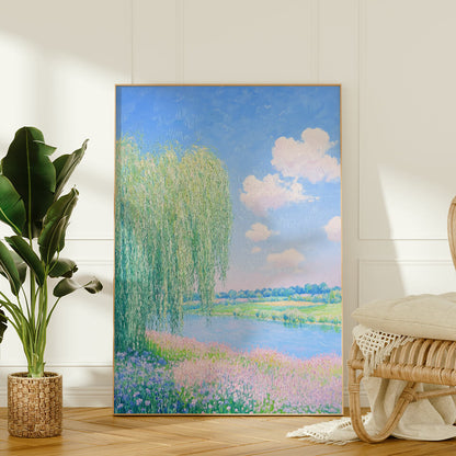 Willow Tree And Flowers By The Dreamy Stream Oil Painting Art Print