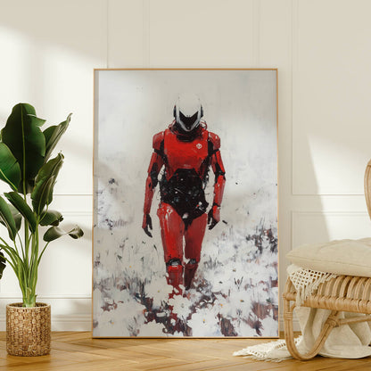 Red Robot in a Field of White Flowers Oil Painting Art Print