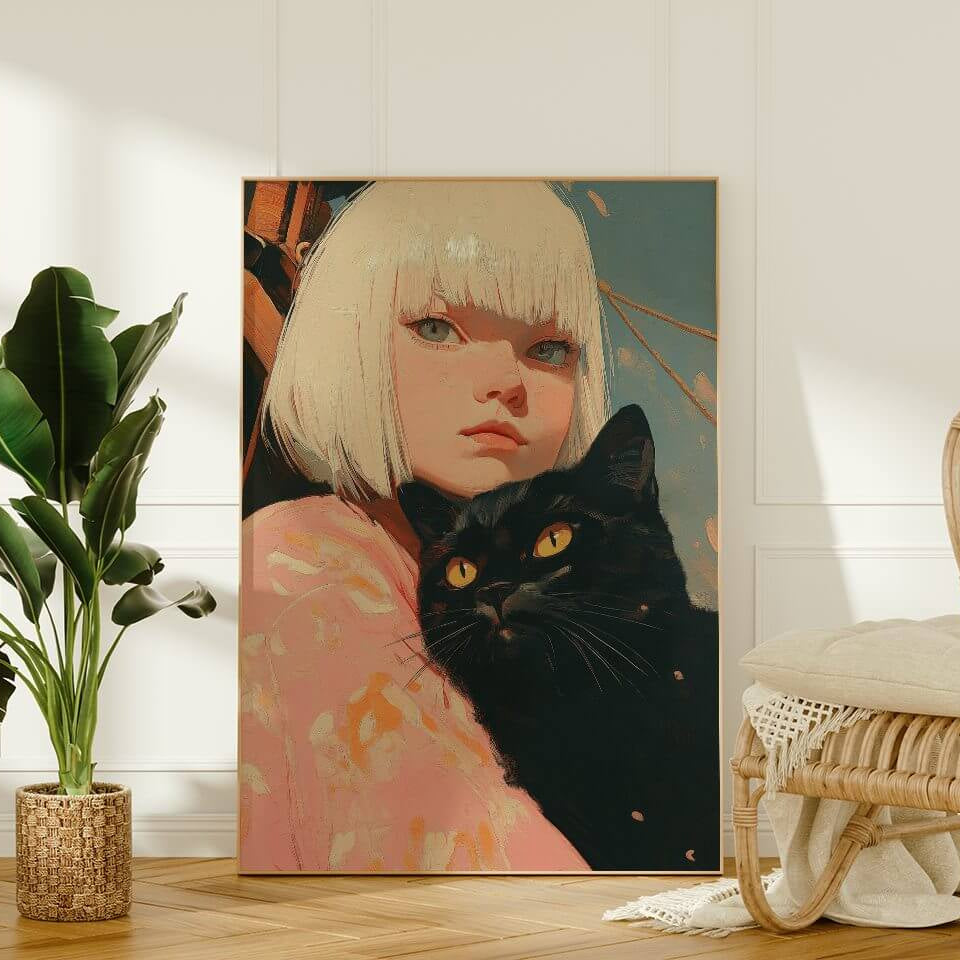 A Girl and Her Black Cat Oil Painting Art Print