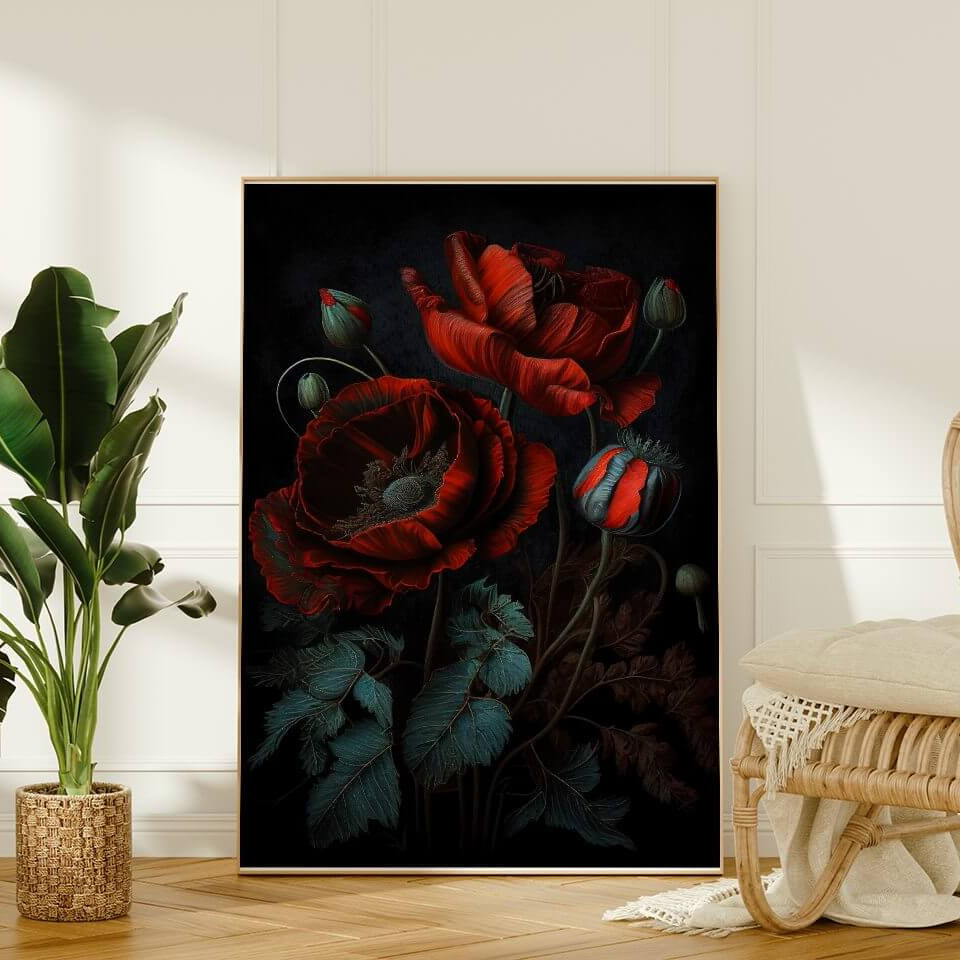 Moody Red Poppy Oil Painting Art Print