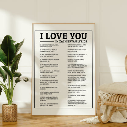 "I Love You" in Zach Bryan Lyrics Art Print