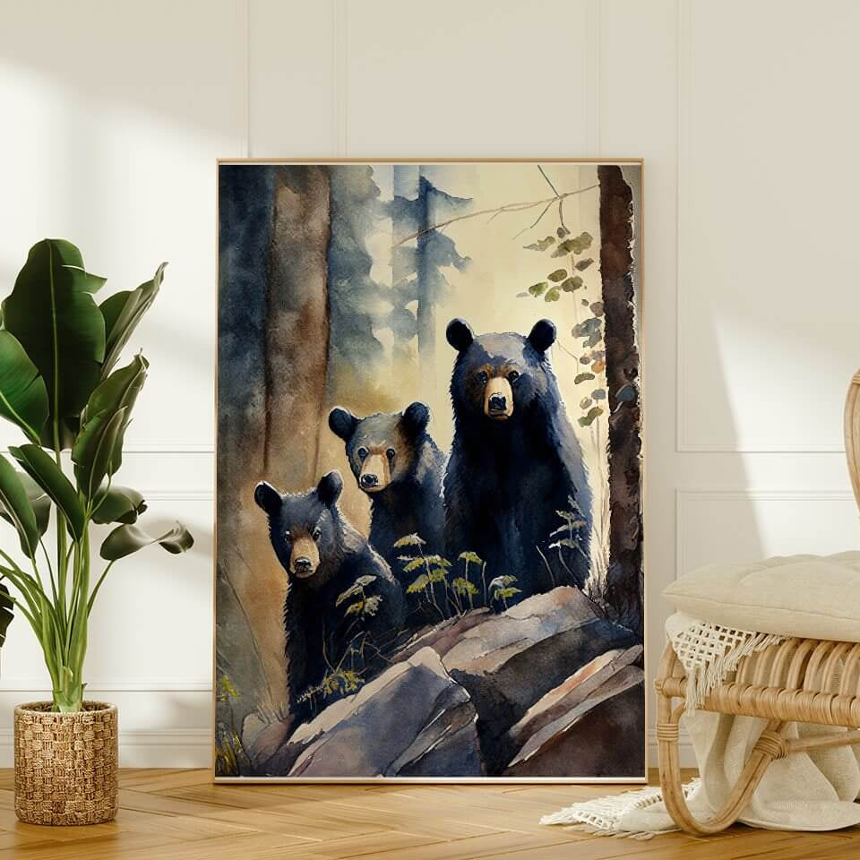 Black Bear Family Watercolor Art Print