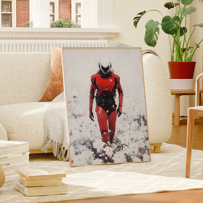 Red Robot in a Field of White Flowers Oil Painting Art Print