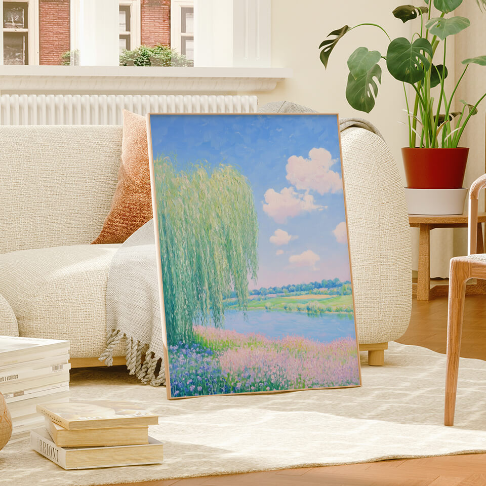 Willow Tree And Flowers By The Dreamy Stream Oil Painting Art Print