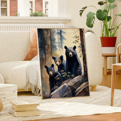 Black Bear Family Watercolor Art Print