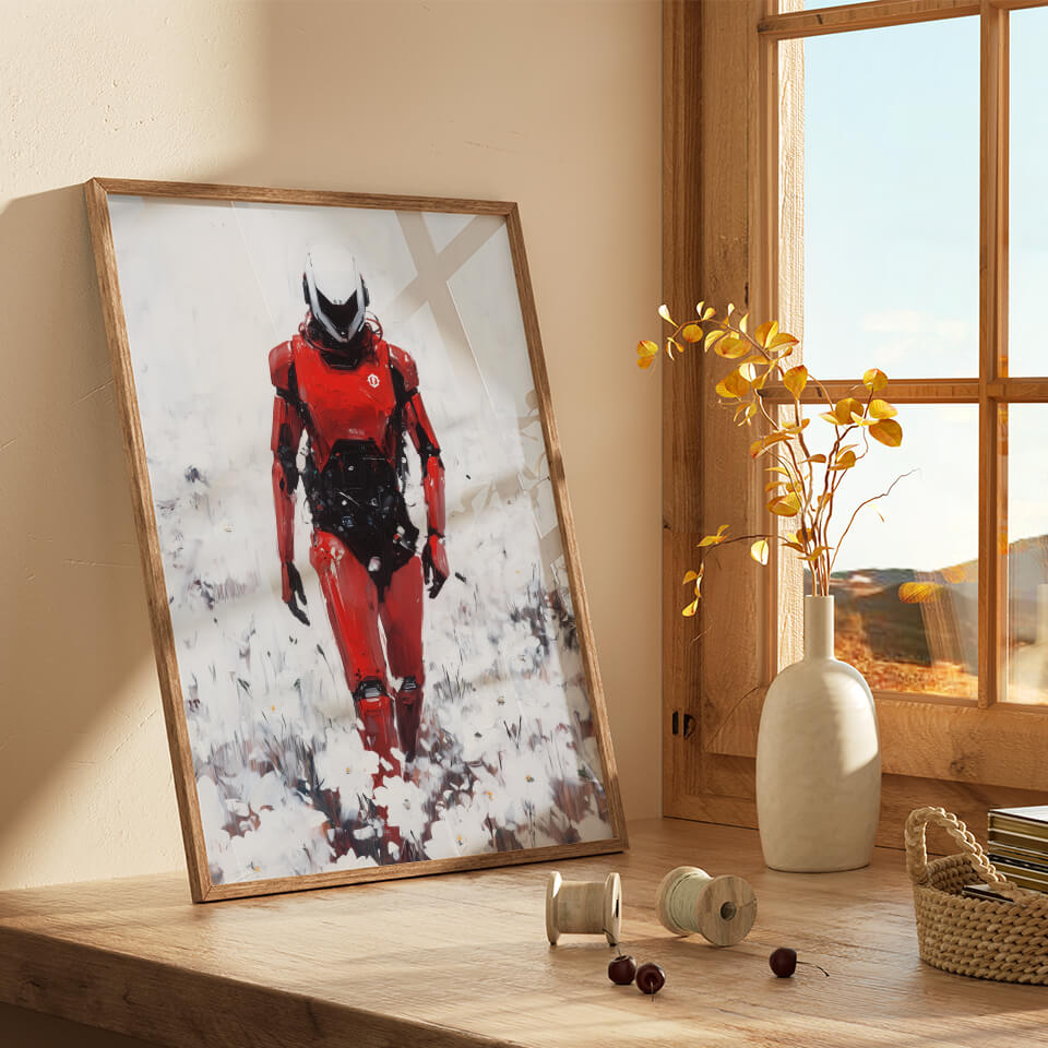 Red Robot in a Field of White Flowers Oil Painting Art Print