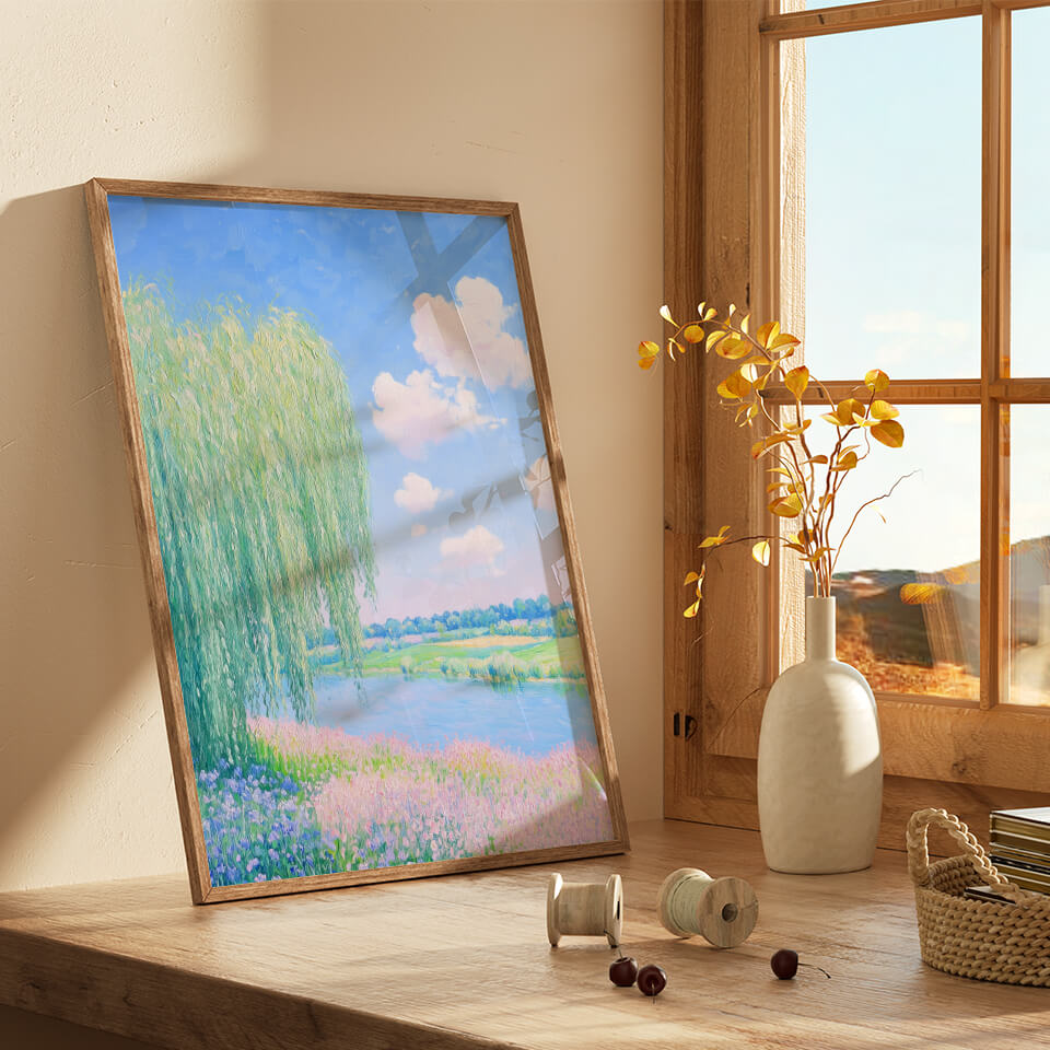 Willow Tree And Flowers By The Dreamy Stream Oil Painting Art Print