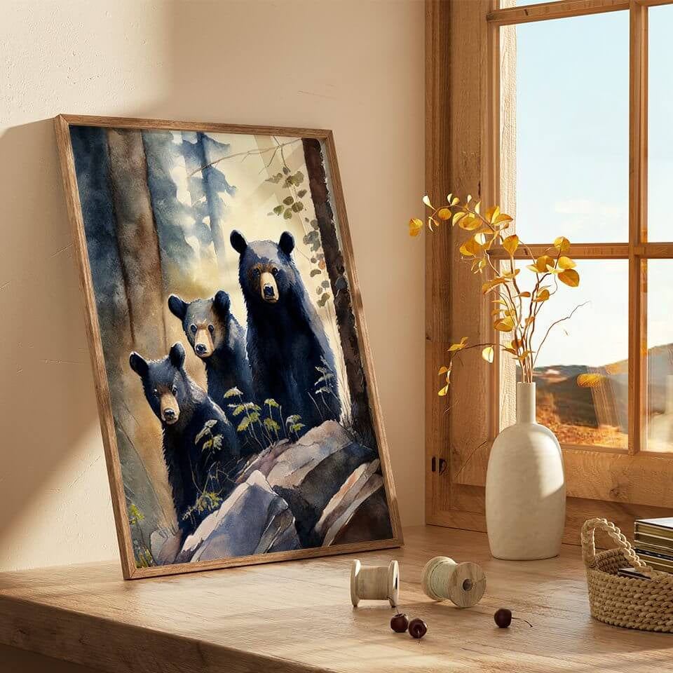 Black Bear Family Watercolor Art Print