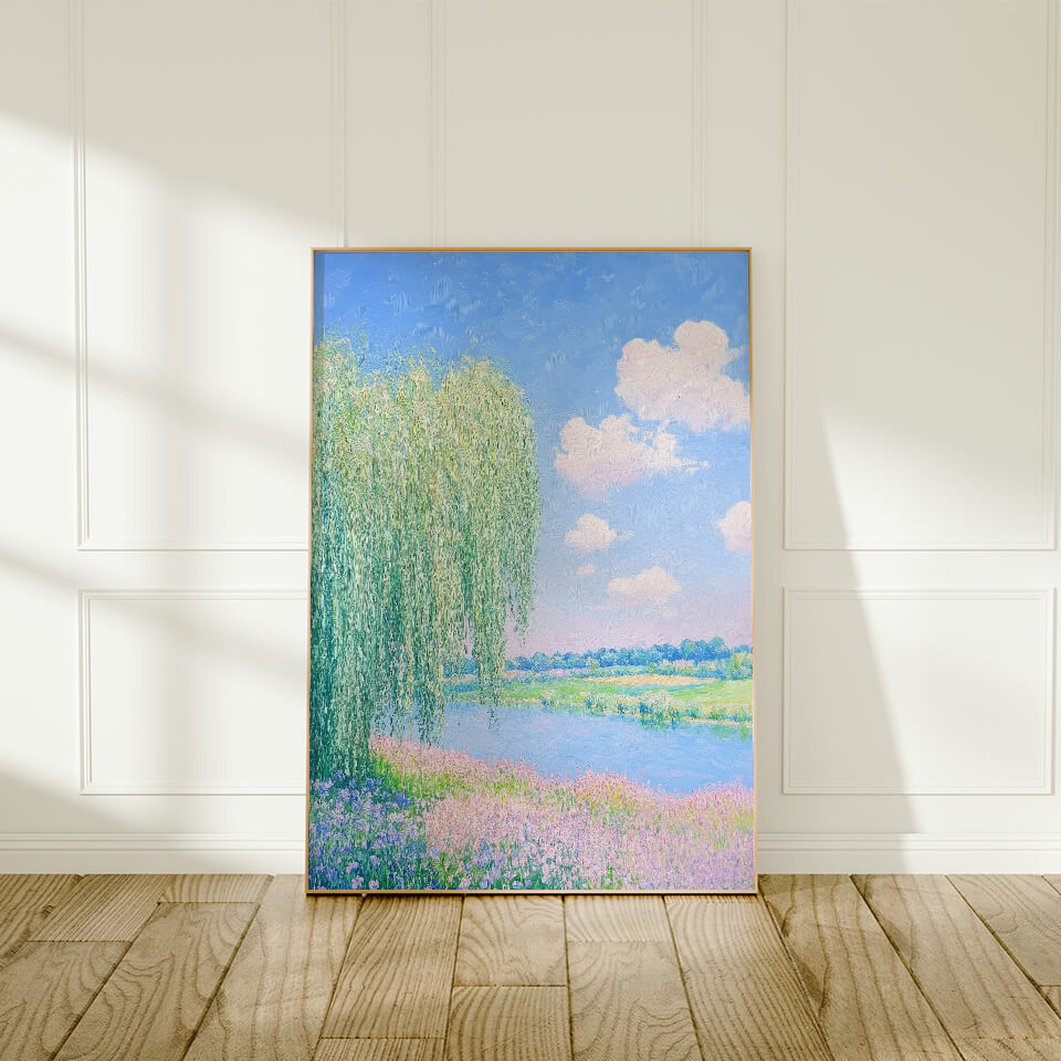 Willow Tree And Flowers By The Dreamy Stream Oil Painting Art Print