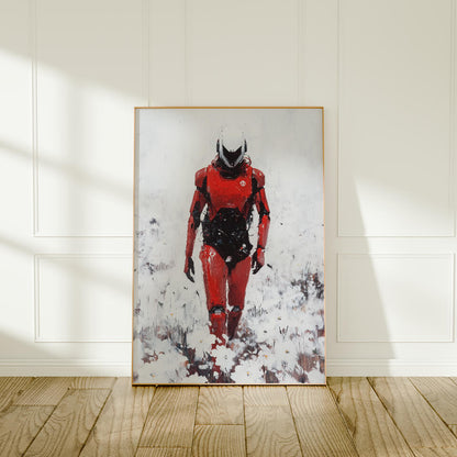 Red Robot in a Field of White Flowers Oil Painting Art Print