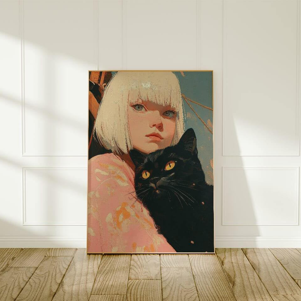 A Girl and Her Black Cat Oil Painting Art Print