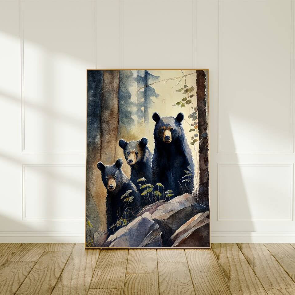 Black Bear Family Watercolor Art Print