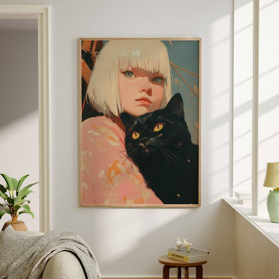 A Girl and Her Black Cat Oil Painting Art Print