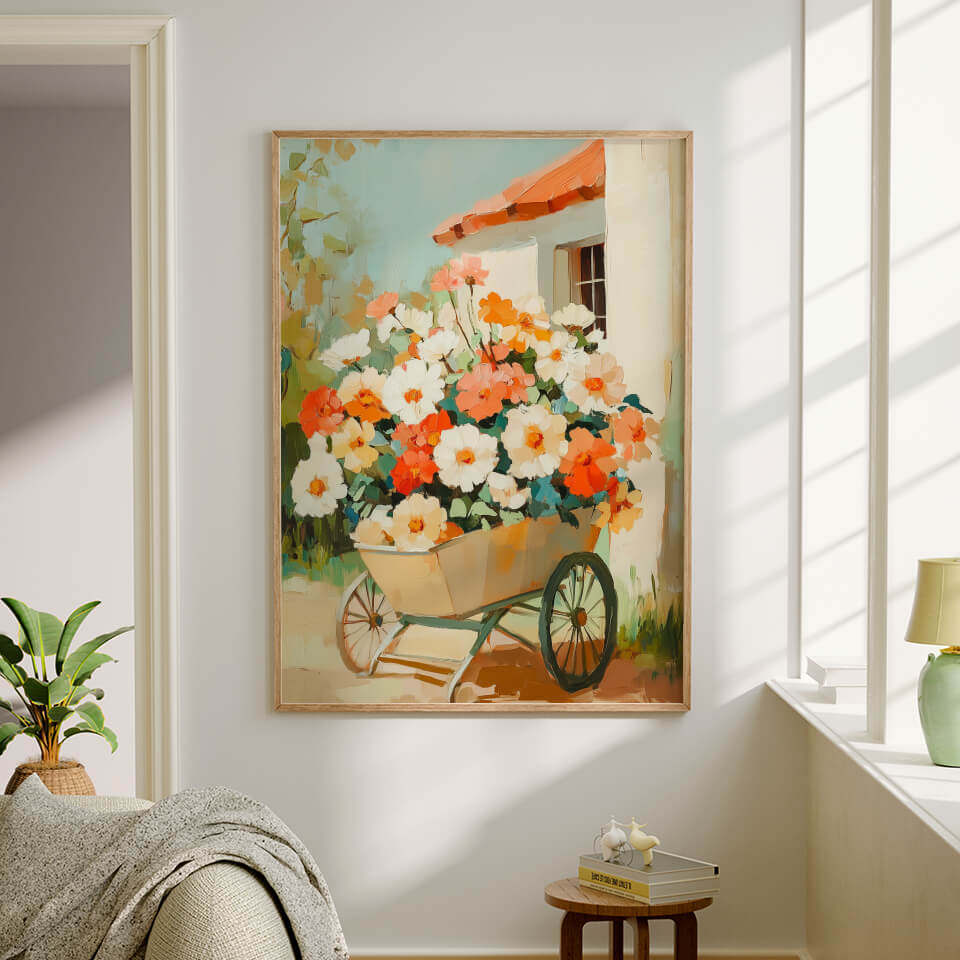 Flowers in a Wheelbarrow Oil Painting Art Print