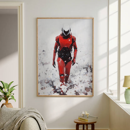 Red Robot in a Field of White Flowers Oil Painting Art Print