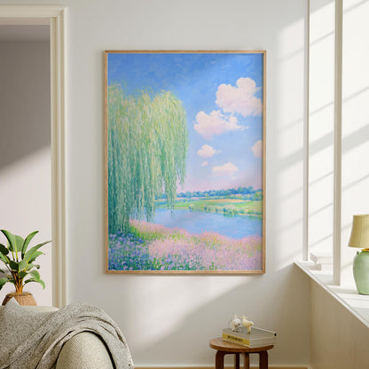 Willow Tree And Flowers By The Dreamy Stream Oil Painting Art Print