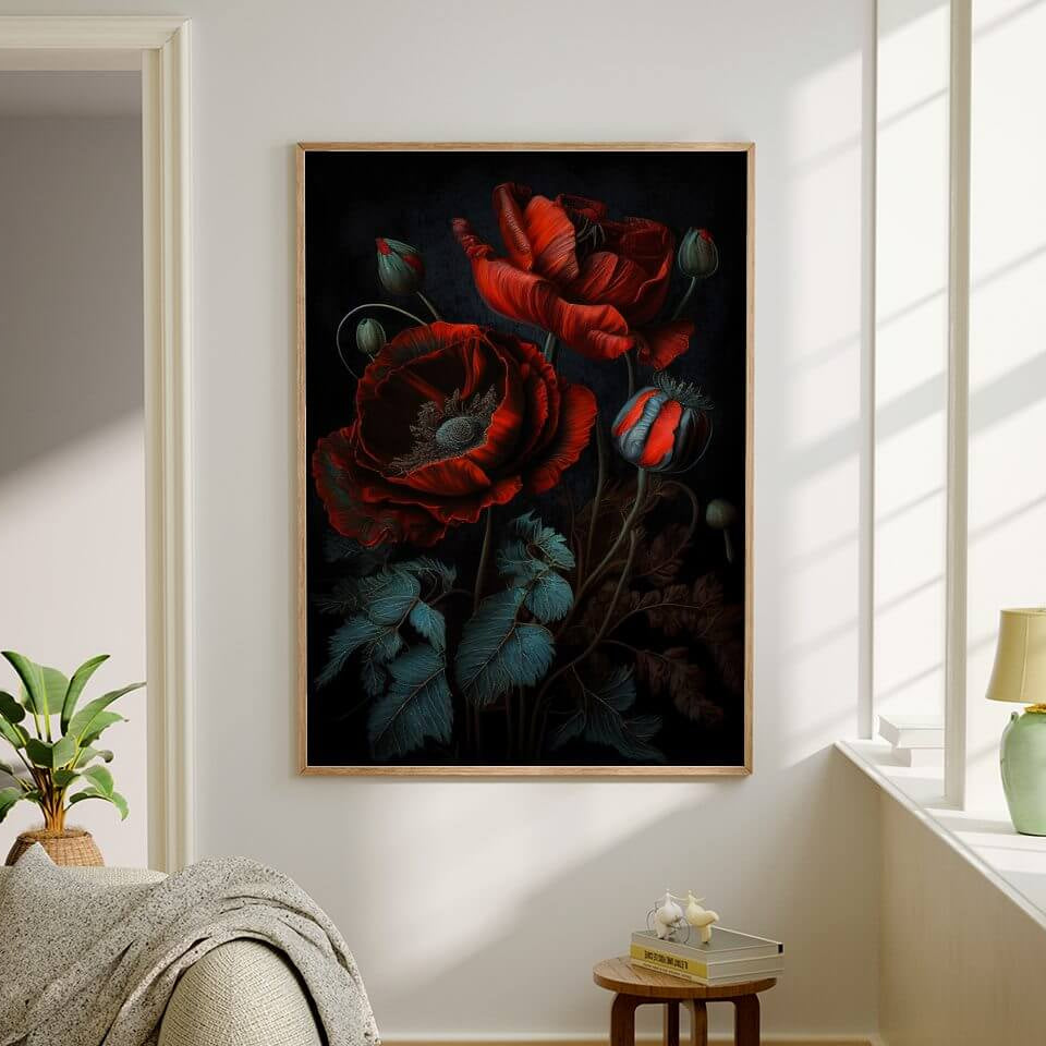 Moody Red Poppy Oil Painting Art Print