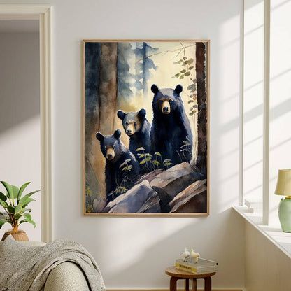 Black Bear Family Watercolor Art Print