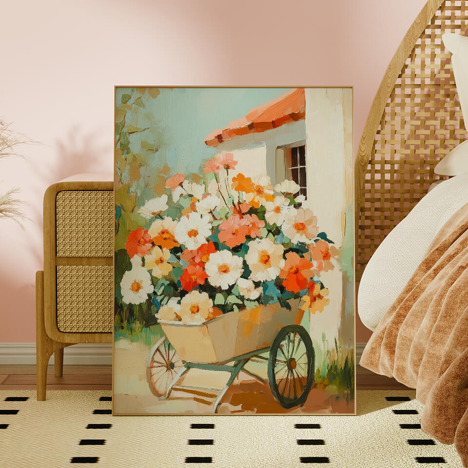 Flowers in a Wheelbarrow Oil Painting Art Print