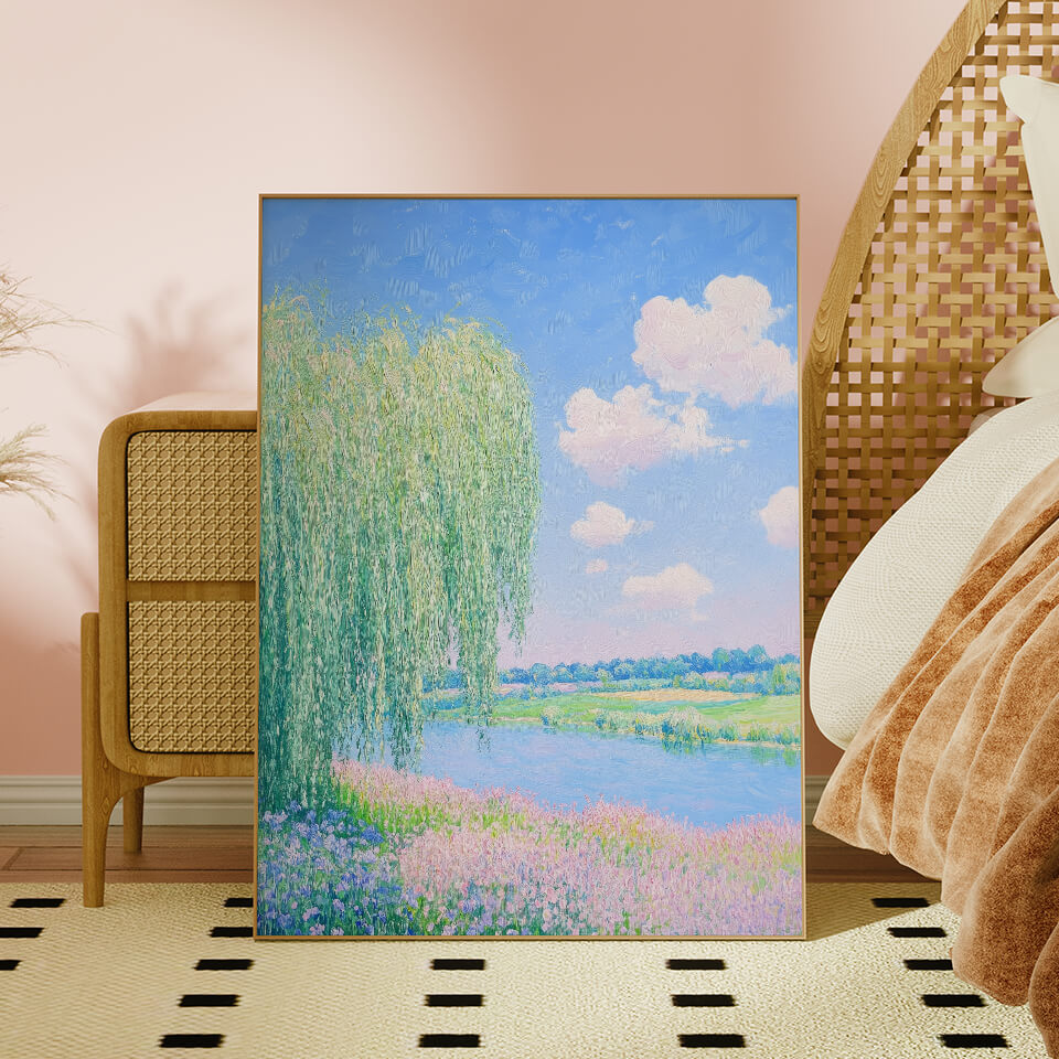 Willow Tree And Flowers By The Dreamy Stream Oil Painting Art Print