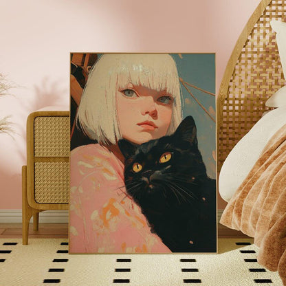 A Girl and Her Black Cat Oil Painting Art Print