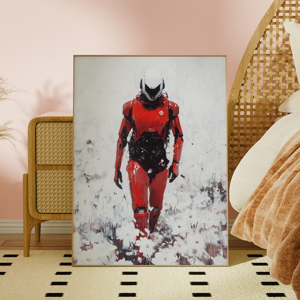 Red Robot in a Field of White Flowers Oil Painting Art Print