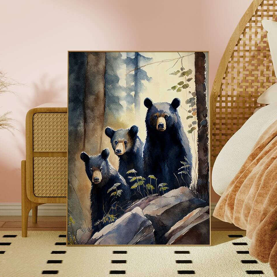 Black Bear Family Watercolor Art Print