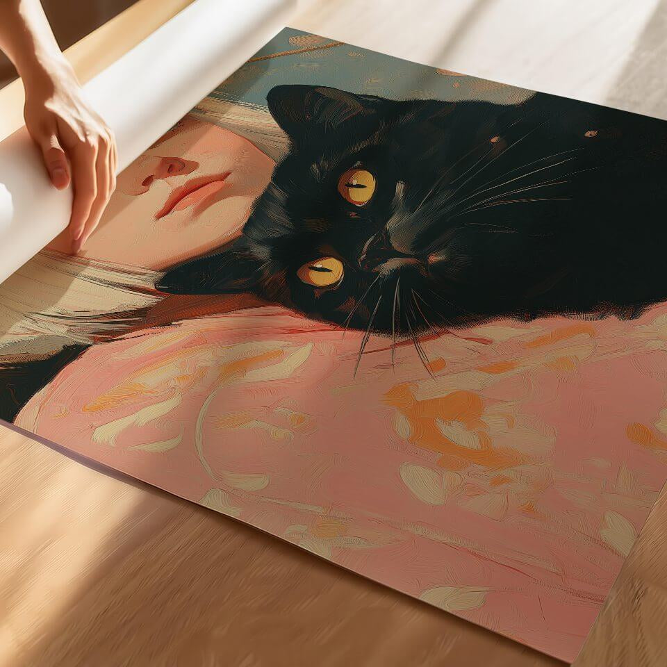 A Girl and Her Black Cat Oil Painting Art Print