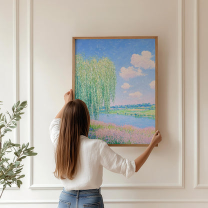 Willow Tree And Flowers By The Dreamy Stream Oil Painting Art Print