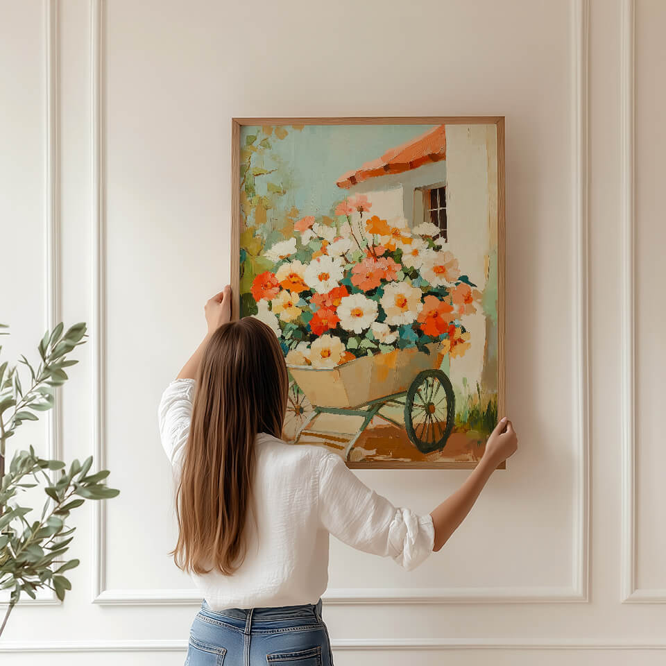 Flowers in a Wheelbarrow Oil Painting Art Print