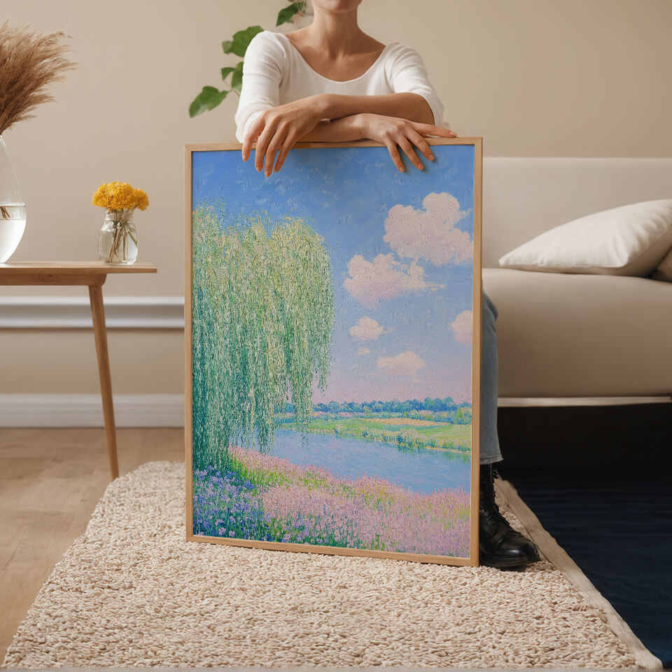 Willow Tree And Flowers By The Dreamy Stream Oil Painting Art Print