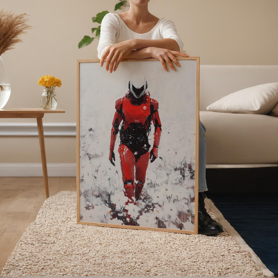 Red Robot in a Field of White Flowers Oil Painting Art Print