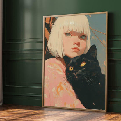 A Girl and Her Black Cat Oil Painting Art Print