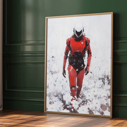 Red Robot in a Field of White Flowers Oil Painting Art Print